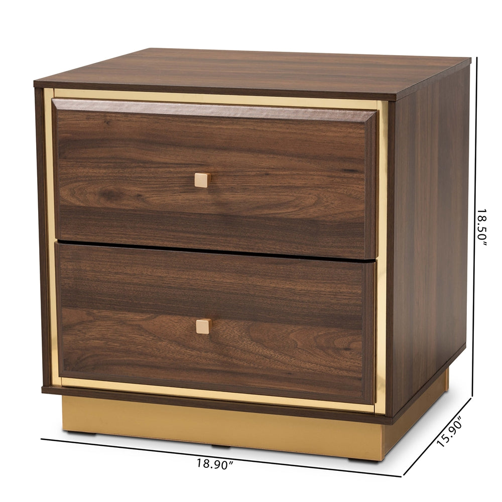 Baxton Studio Cormac Mid-Century Modern Transitional Walnut Brown Finished Wood And Gold Metal 2-Drawer Nightstand