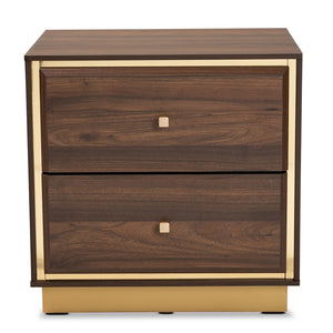 Baxton Studio Cormac Mid-Century Modern Transitional Walnut Brown Finished Wood And Gold Metal 2-Drawer Nightstand