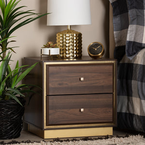 Baxton Studio Cormac Mid-Century Modern Transitional Walnut Brown Finished Wood And Gold Metal 2-Drawer Nightstand