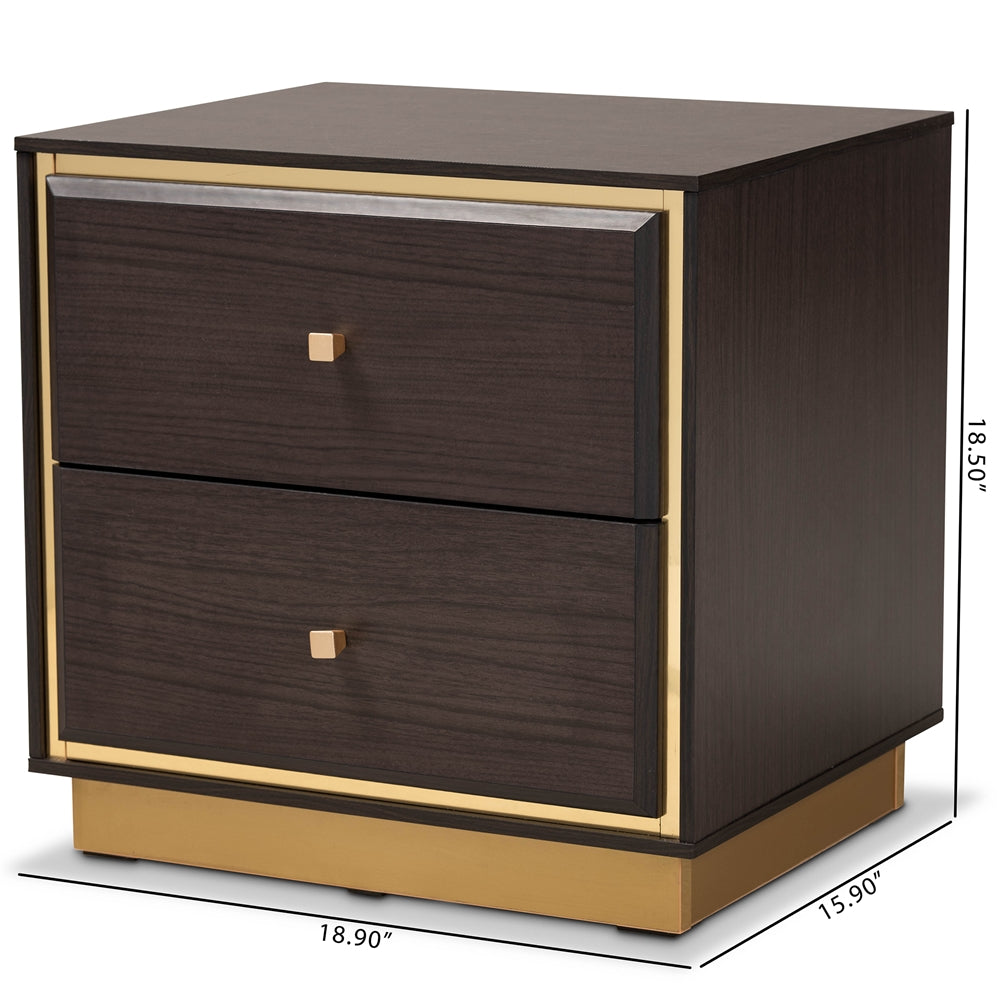 Baxton Studio Cormac Mid-Century Modern Transitional Dark Brown Finished Wood And Gold Metal 2-Drawer Nightstand