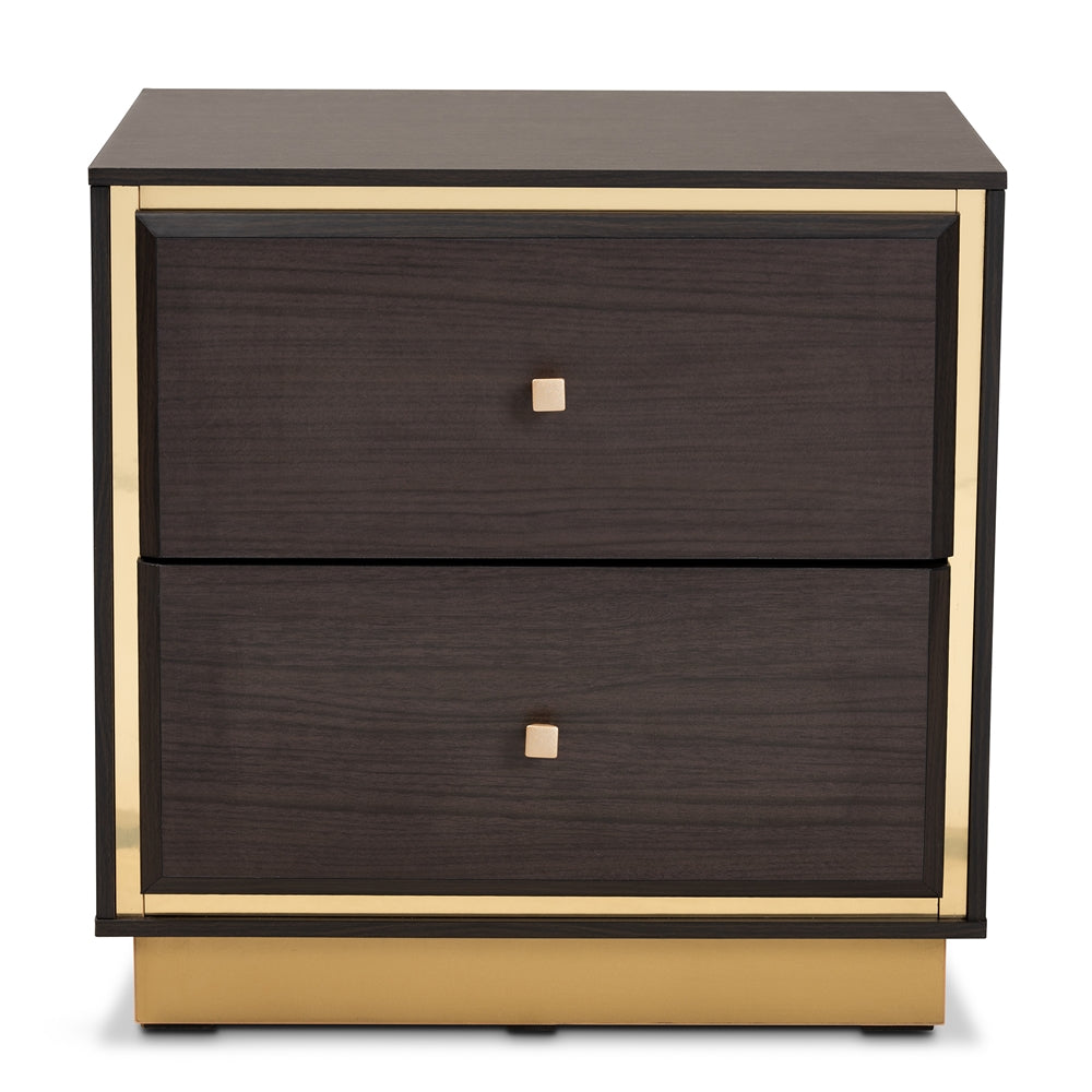 Baxton Studio Cormac Mid-Century Modern Transitional Dark Brown Finished Wood And Gold Metal 2-Drawer Nightstand