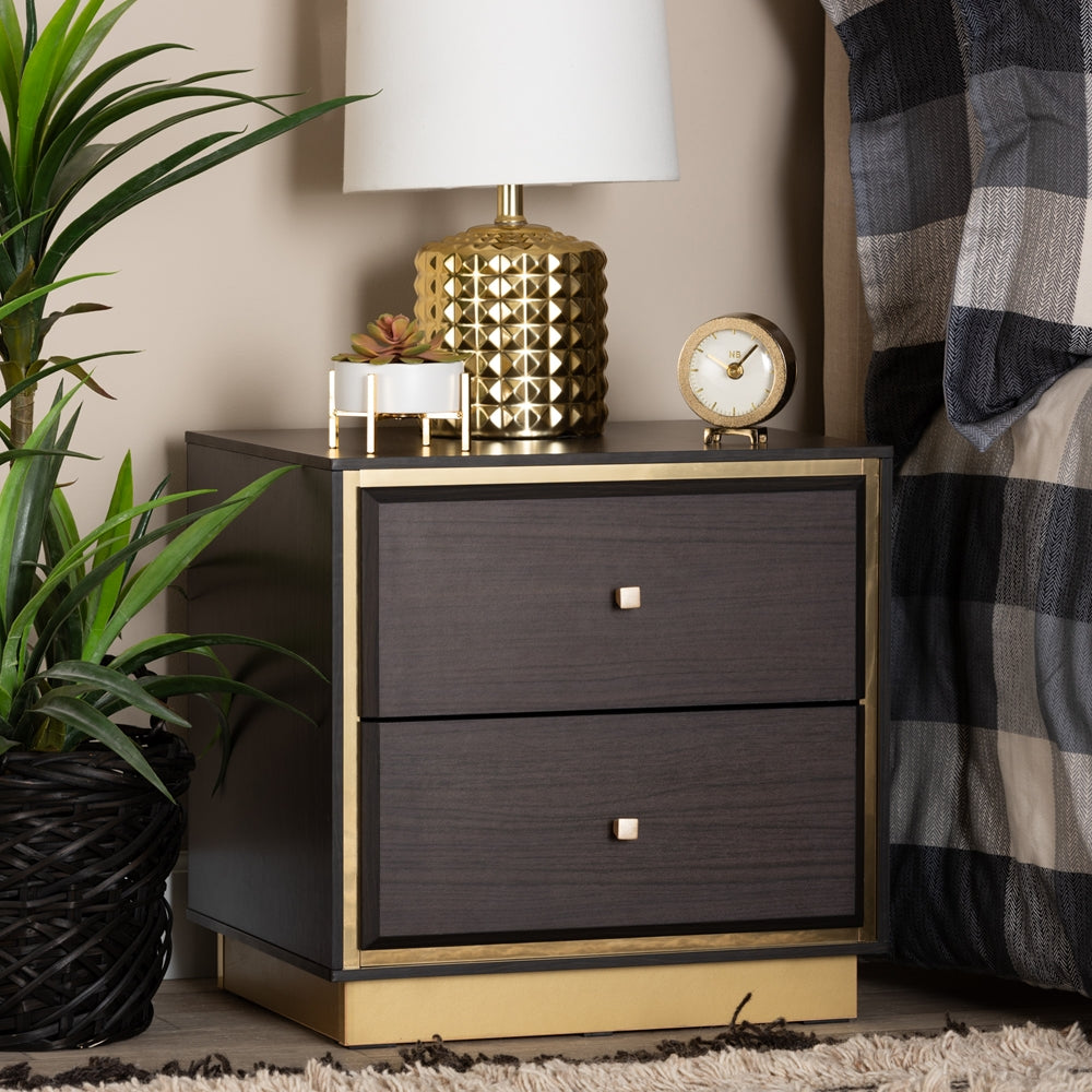 Baxton Studio Cormac Mid-Century Modern Transitional Dark Brown Finished Wood And Gold Metal 2-Drawer Nightstand