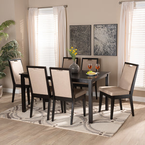 Baxton Studio Rosa Modern And Contemporary Sand Fabric Upholstered And Dark Brown Finished Wood 7-Piece Dining Set