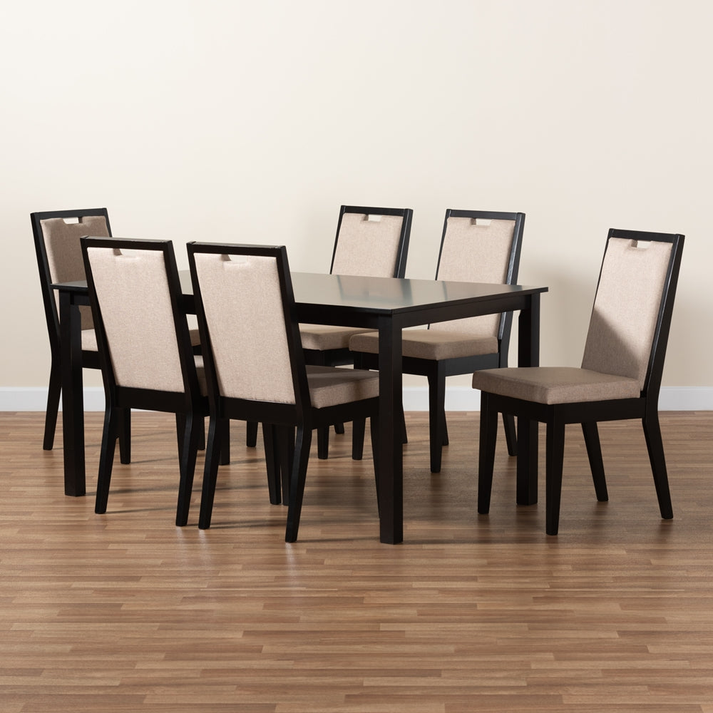 Baxton Studio Rosa Modern And Contemporary Sand Fabric Upholstered And Dark Brown Finished Wood 7-Piece Dining Set