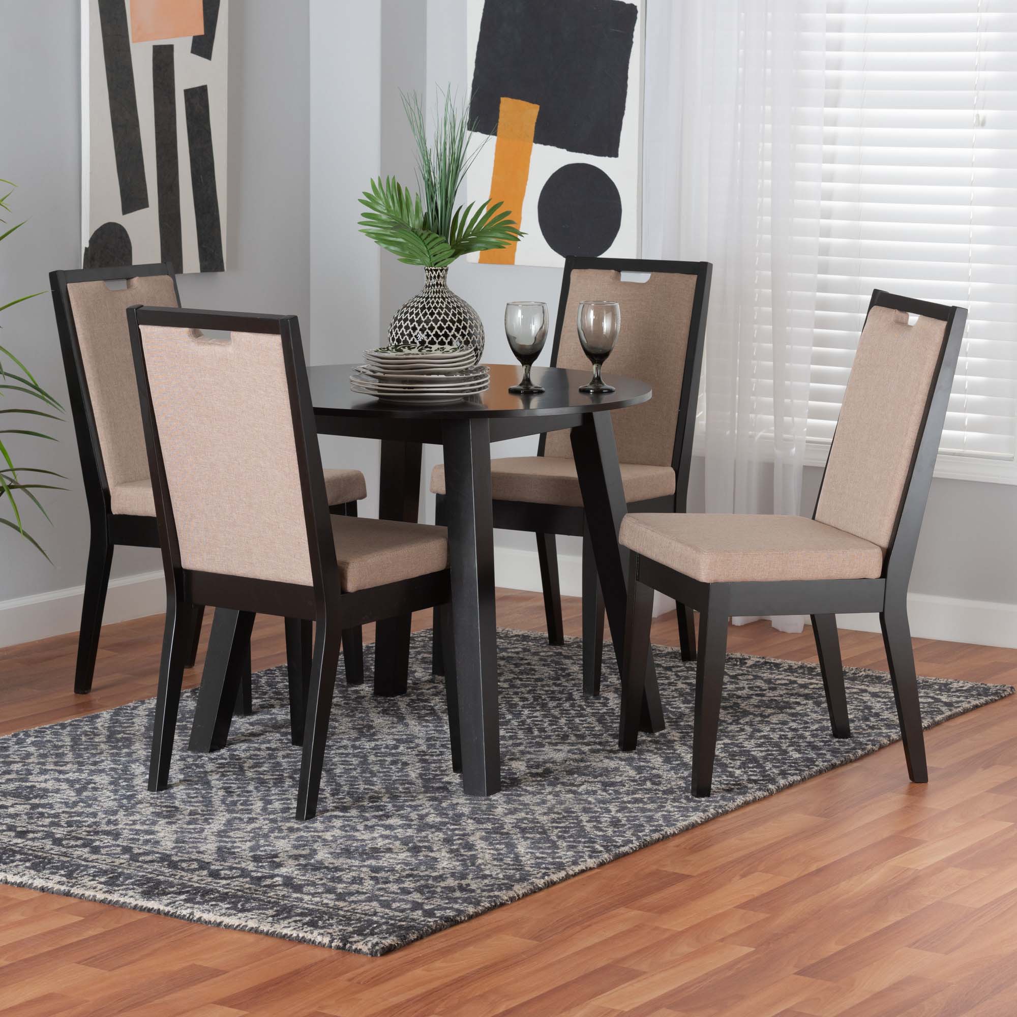 Baxton Studio Nia Modern Beige Fabric And Dark Brown Finished Wood 5-Piece Dining Set