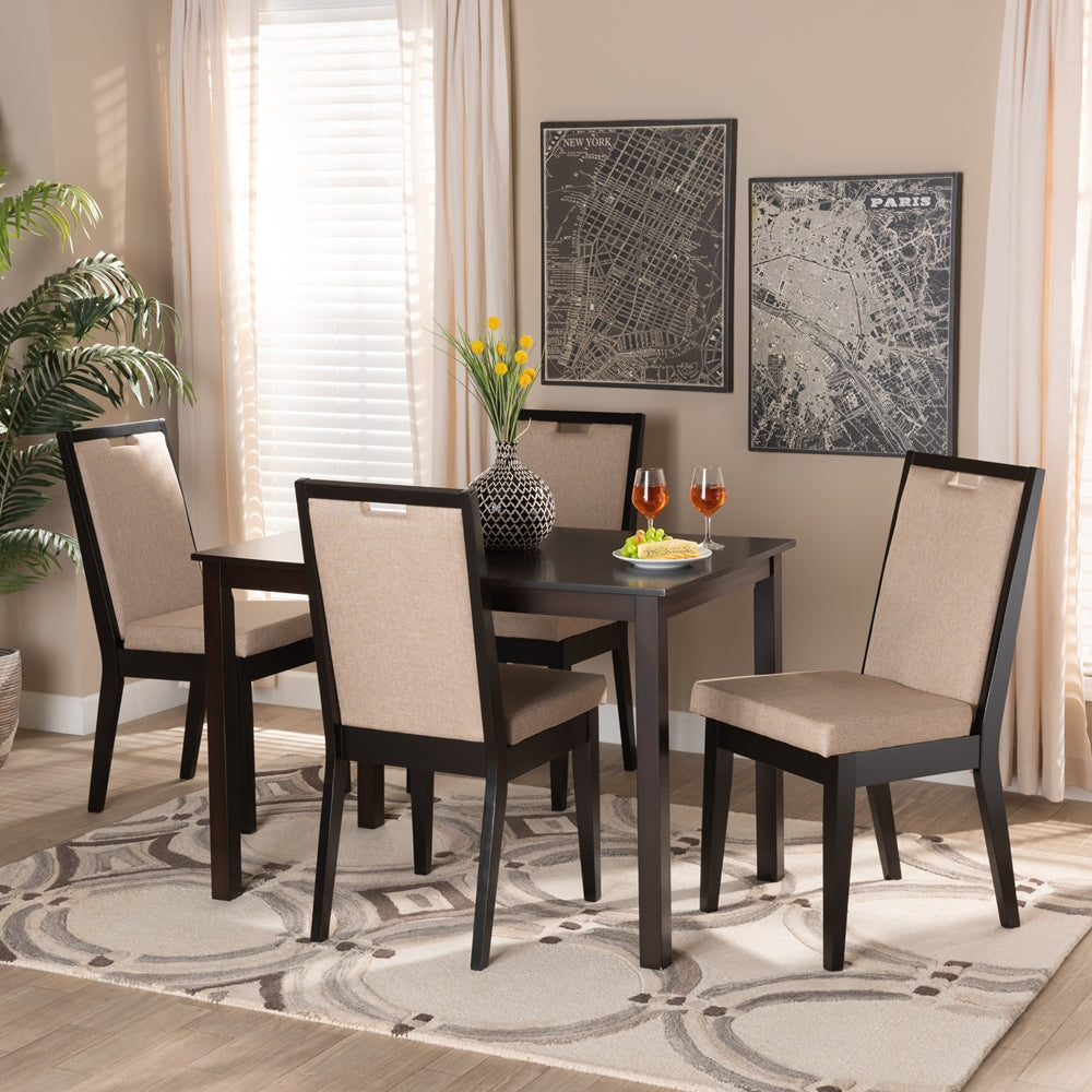 Baxton Studio Rosa Modern And Contemporary Sand Fabric Upholstered And Dark Brown Finished Wood 5-Piece Dining Set