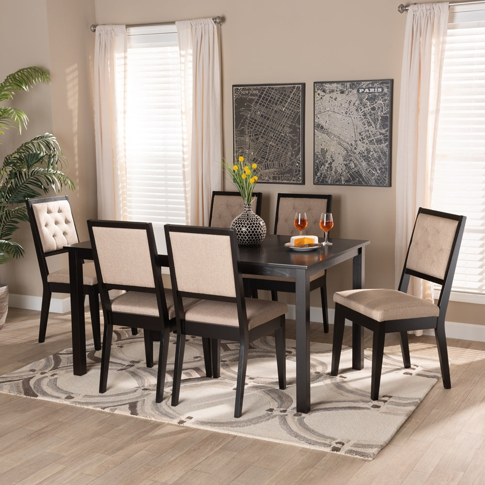 Baxton Studio Suvi Modern And Contemporary Sand Fabric Upholstered And Dark Brown Finished Wood 7-Piece Dining Set