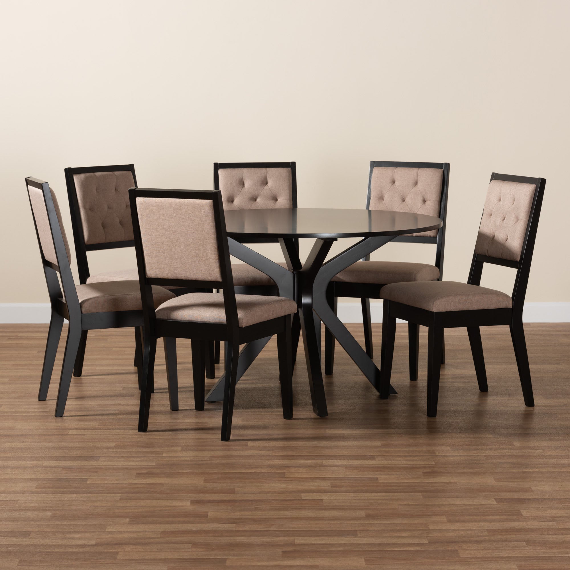 Baxton Studio Mana Modern Sand Fabric And Dark Brown Finished Wood 7-Piece Dining Set