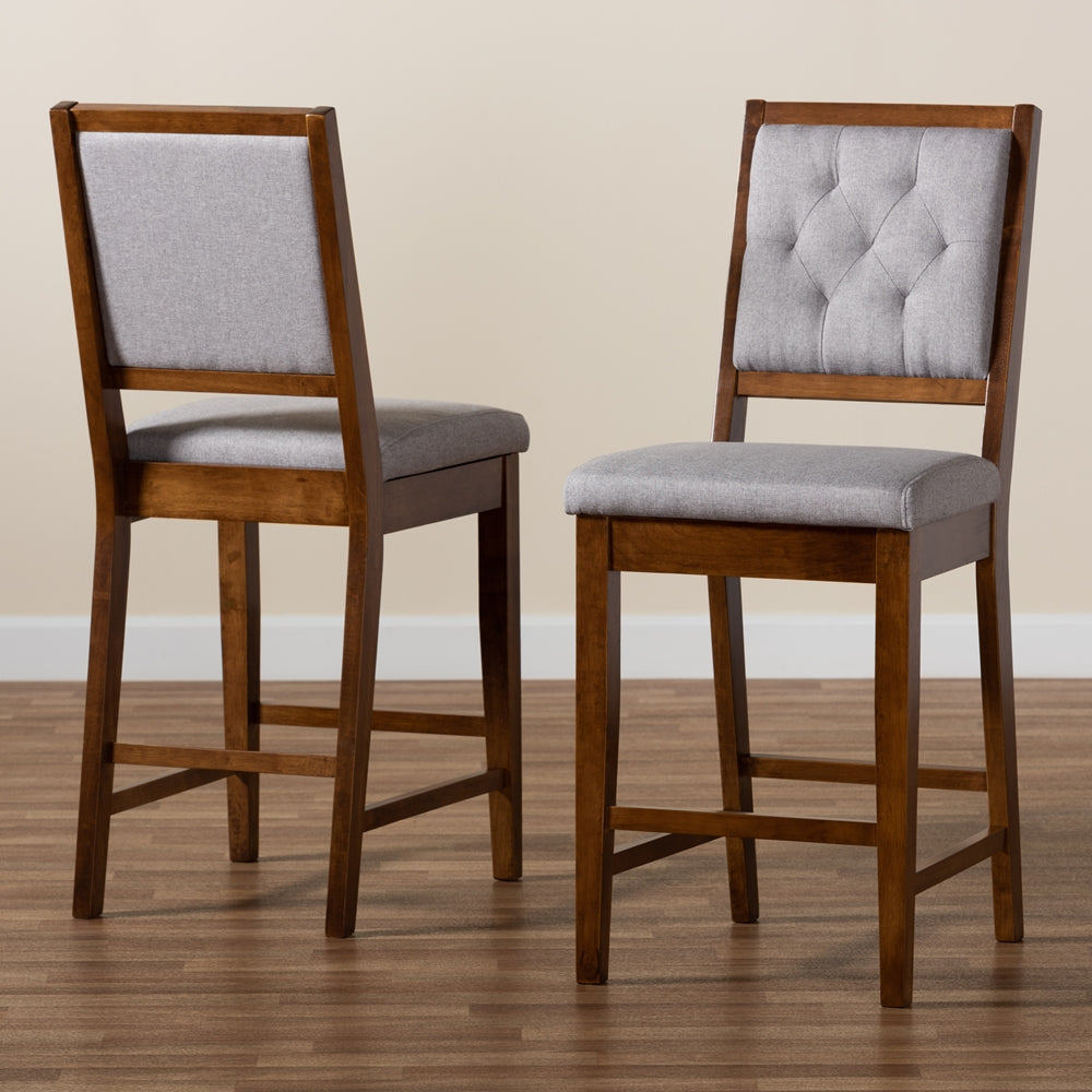 Baxton Studio Gideon Modern And Contemporary Grey Fabric Upholstered And Walnut Brown Finished Wood 2-Piece Counter Stool Set