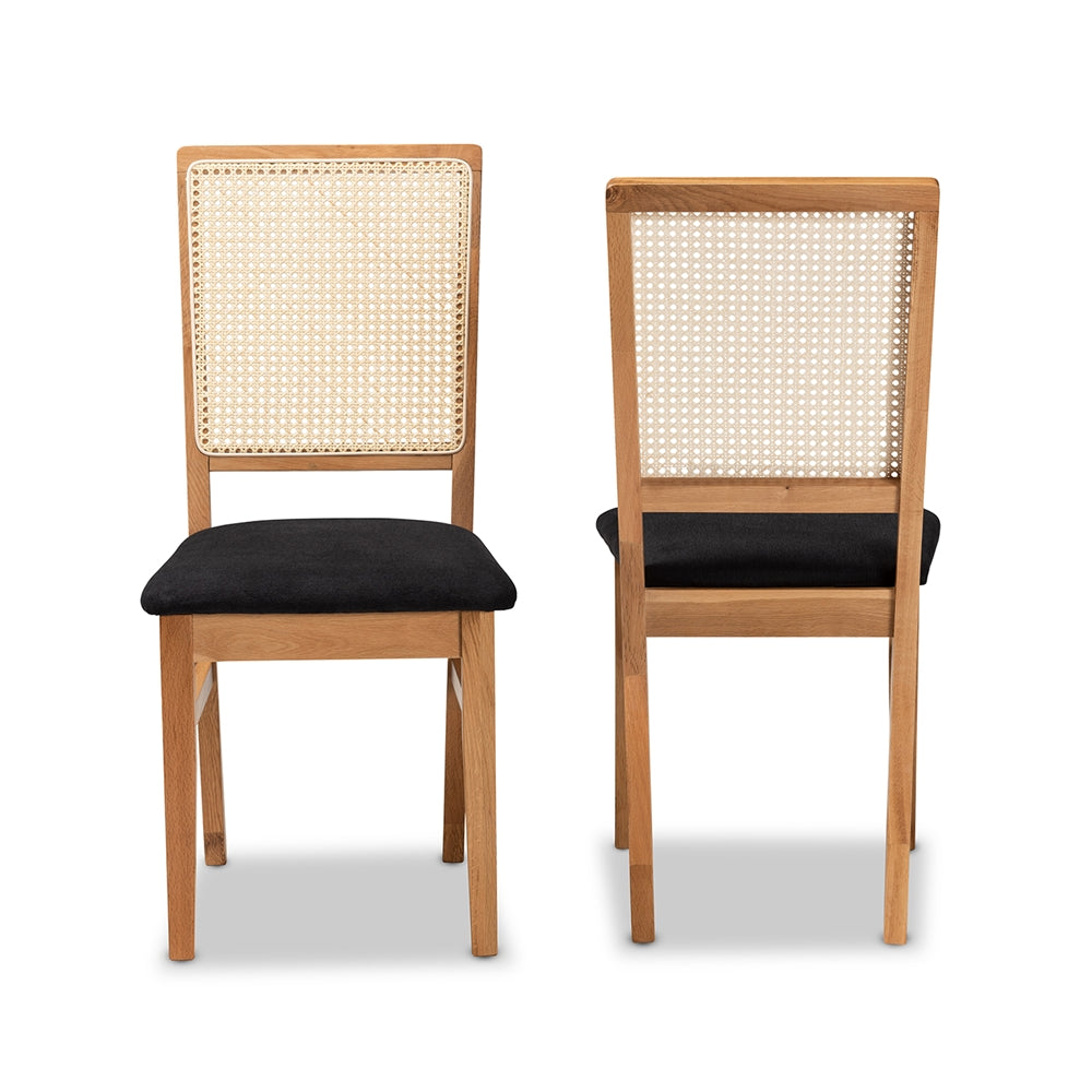 Baxton Studio Idris Mid-Century Modern Black Fabric Upholstered And Oak Brown Finished 2-Piece Rattan Dining Chair Set