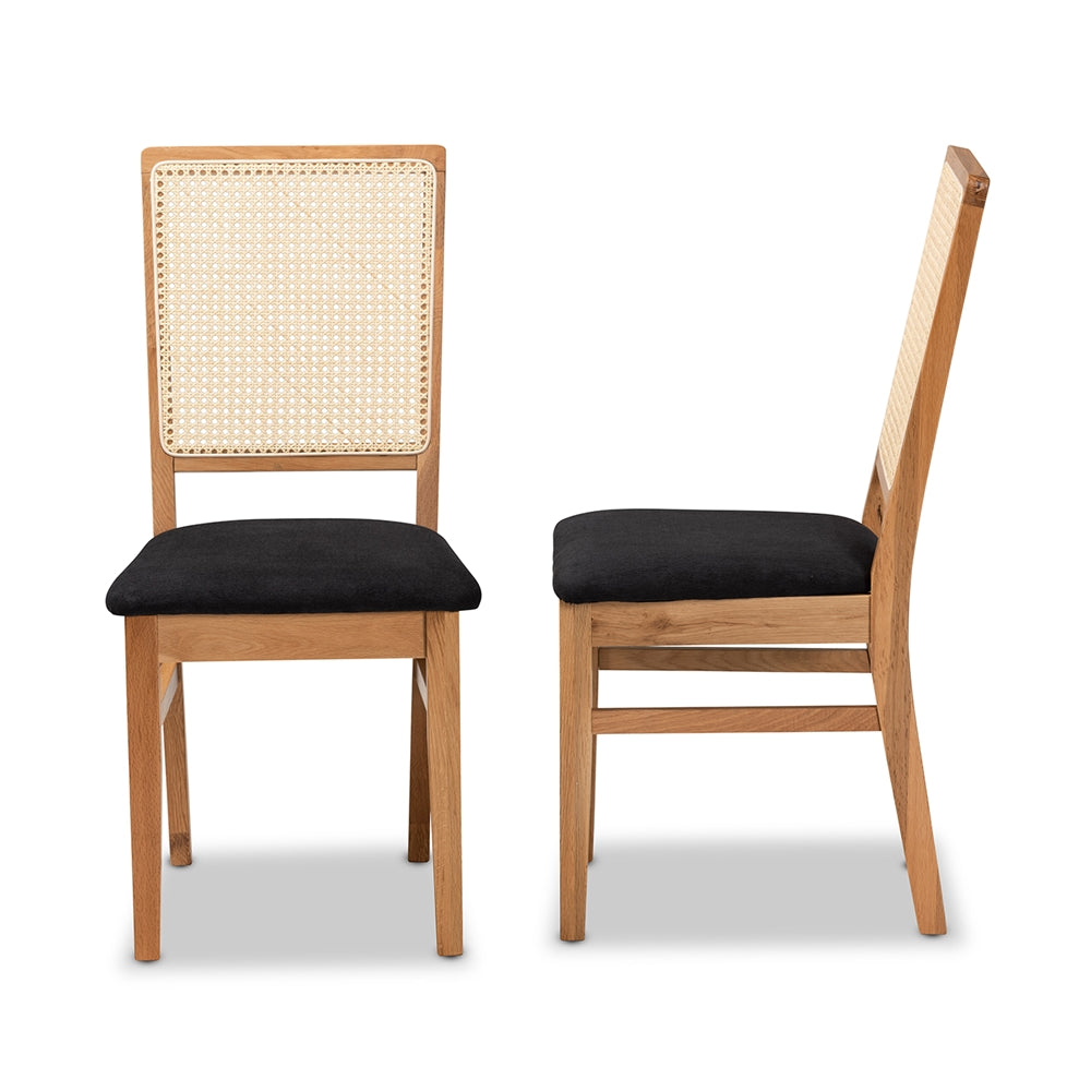 Baxton Studio Idris Mid-Century Modern Black Fabric Upholstered And Oak Brown Finished 2-Piece Rattan Dining Chair Set