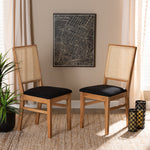 Load image into Gallery viewer, Baxton Studio Idris Mid-Century Modern Black Fabric Upholstered And Oak Brown Finished 2-Piece Rattan Dining Chair Set
