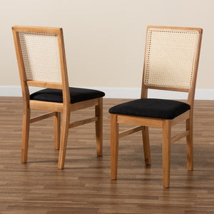 Baxton Studio Idris Mid-Century Modern Black Fabric Upholstered And Oak Brown Finished 2-Piece Rattan Dining Chair Set