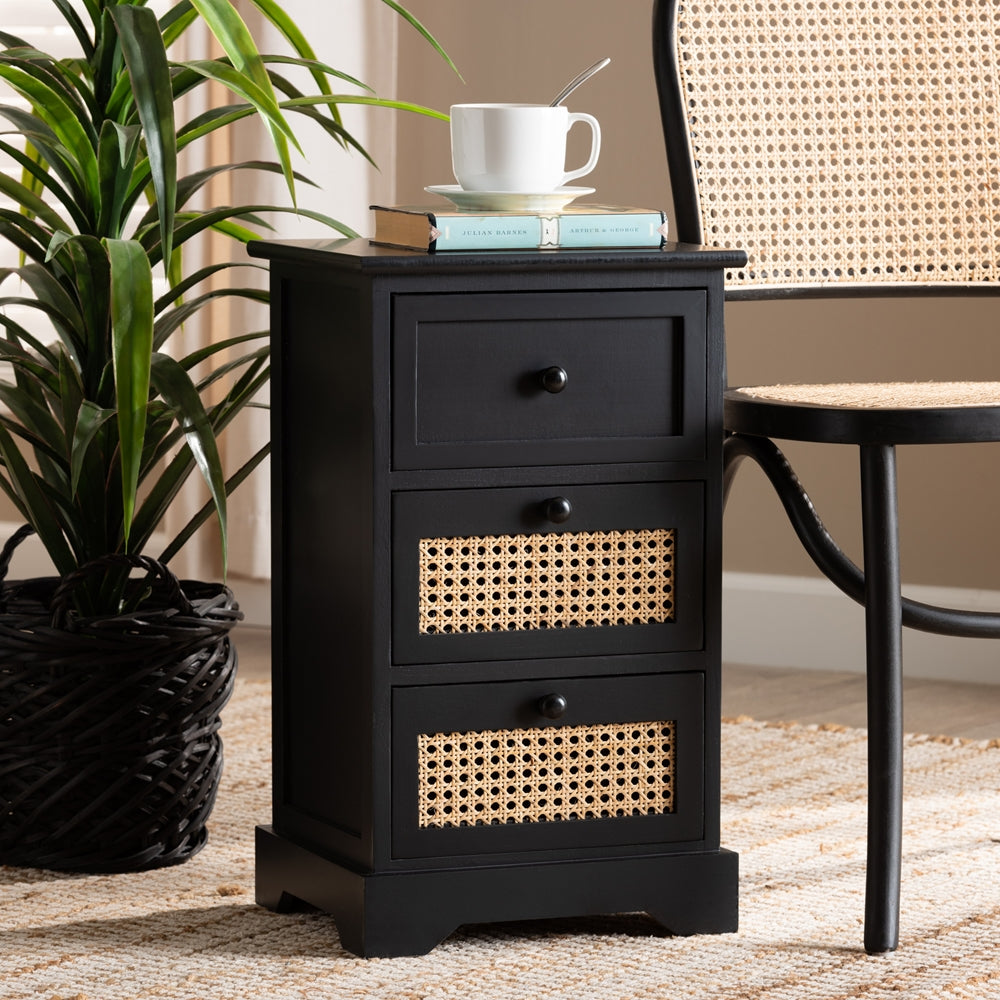 Baxton Studio Dacey Mid-Century Modern Transitional Espresso Brown Finished Wood And Rattan 3-Drawer Storage Cabinet