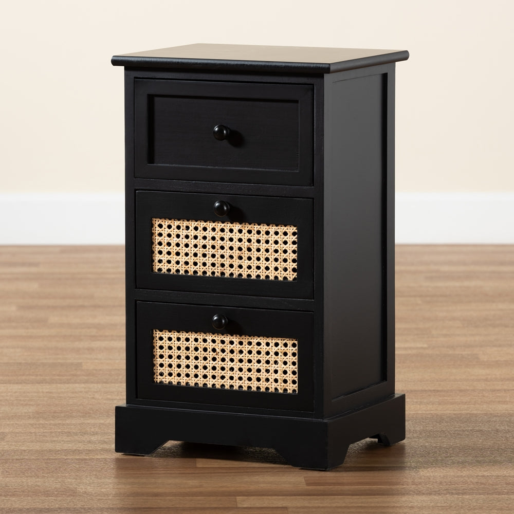 Baxton Studio Dacey Mid-Century Modern Transitional Espresso Brown Finished Wood And Rattan 3-Drawer Storage Cabinet