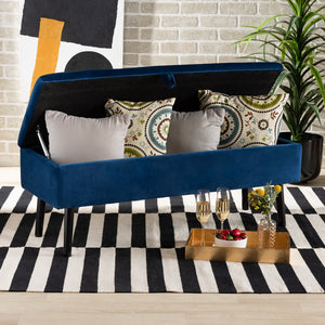 Baxton Studio Caine Modern And Contemporary Navy Blue Velvet Fabric Upholstered And Dark Brown Finished Wood Storage Bench