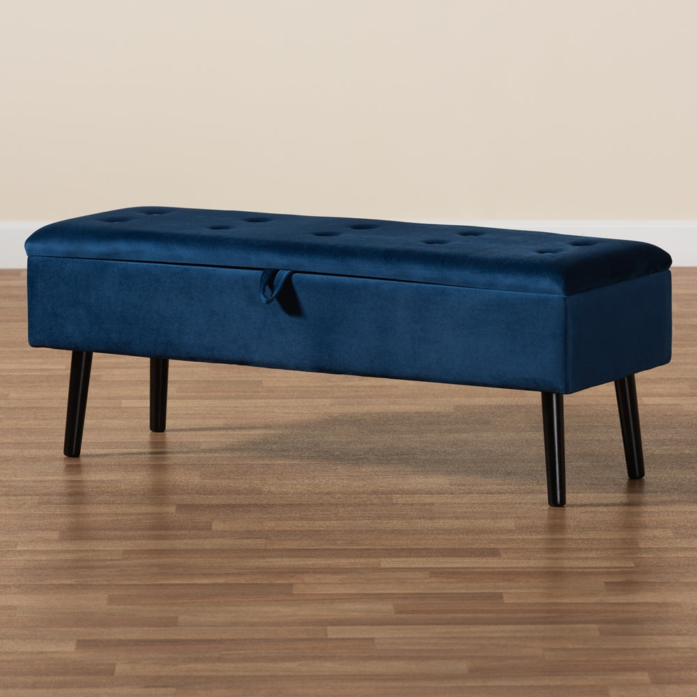 Baxton Studio Caine Modern And Contemporary Navy Blue Velvet Fabric Upholstered And Dark Brown Finished Wood Storage Bench