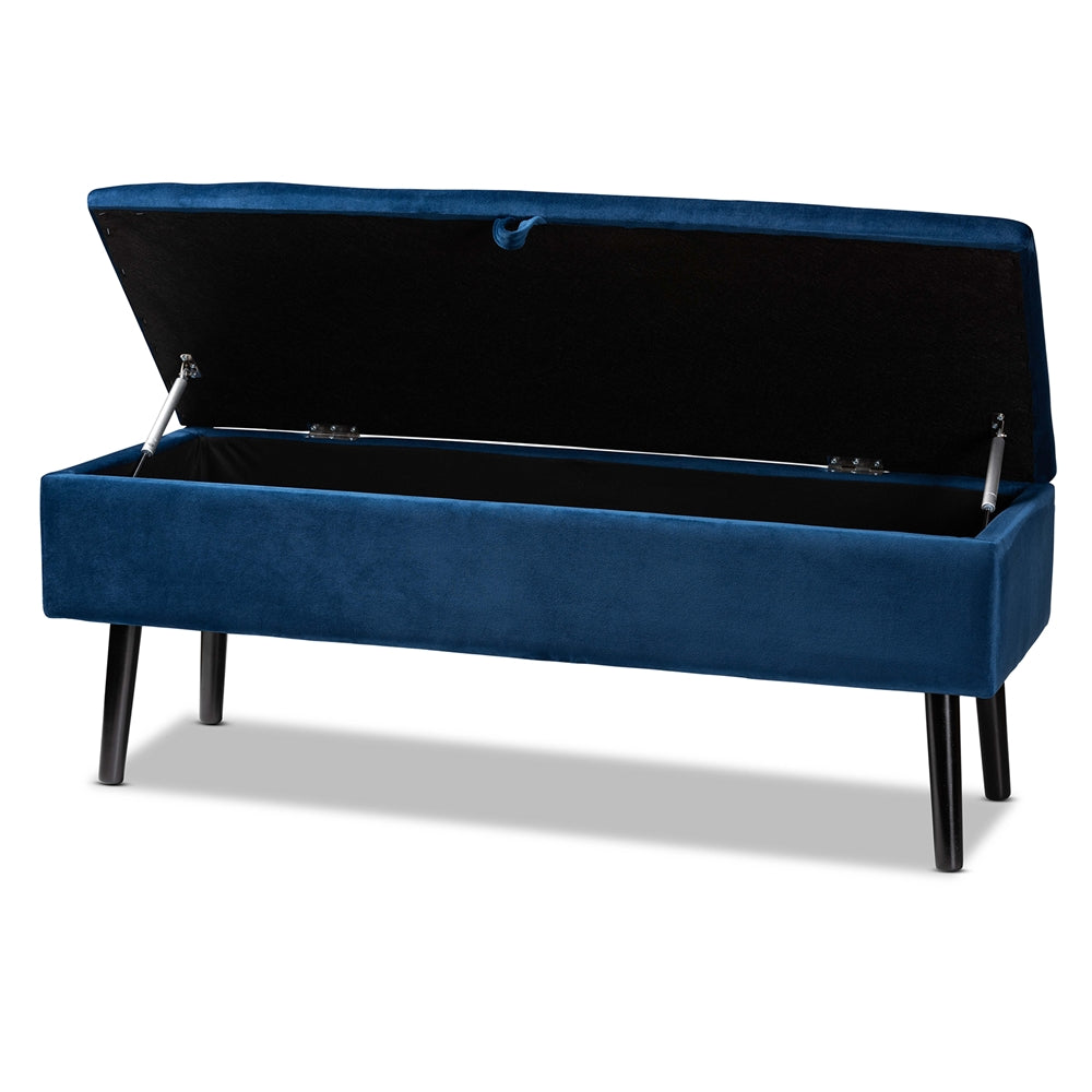 Baxton Studio Caine Modern And Contemporary Navy Blue Velvet Fabric Upholstered And Dark Brown Finished Wood Storage Bench