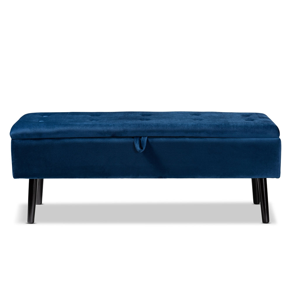 Baxton Studio Caine Modern And Contemporary Navy Blue Velvet Fabric Upholstered And Dark Brown Finished Wood Storage Bench