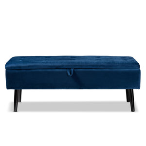 Baxton Studio Caine Modern And Contemporary Navy Blue Velvet Fabric Upholstered And Dark Brown Finished Wood Storage Bench