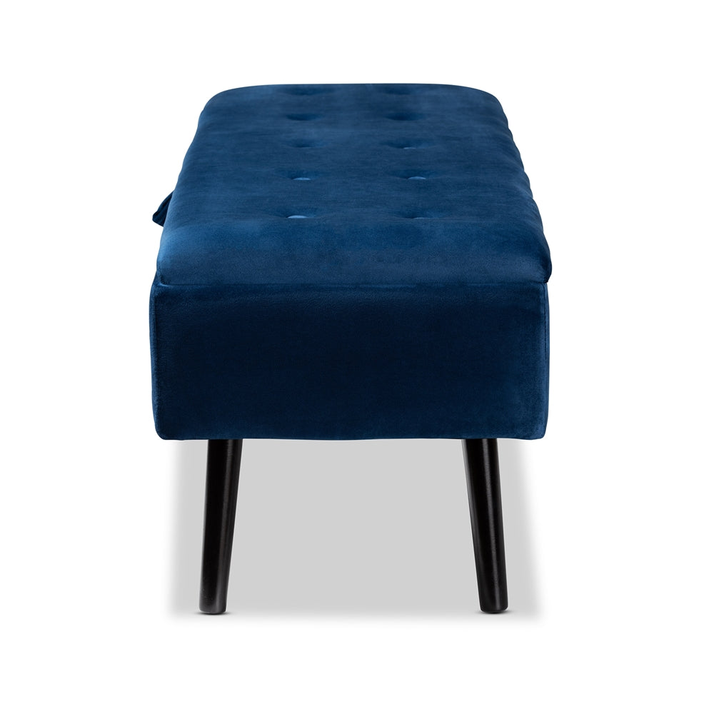 Baxton Studio Caine Modern And Contemporary Navy Blue Velvet Fabric Upholstered And Dark Brown Finished Wood Storage Bench