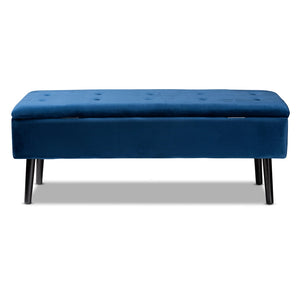 Baxton Studio Caine Modern And Contemporary Navy Blue Velvet Fabric Upholstered And Dark Brown Finished Wood Storage Bench