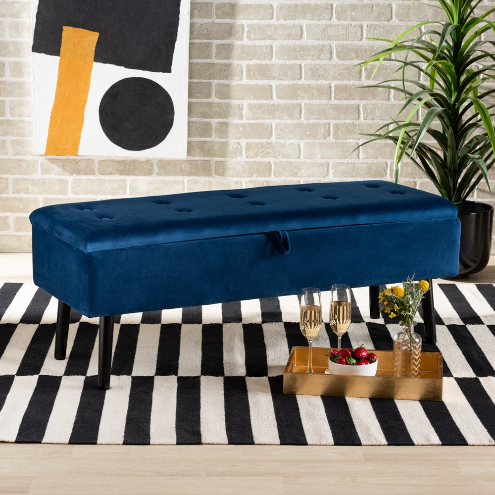 BAXTON STUDIO CAINE MODERN AND CONTEMPORARY NAVY BLUE VELVET FABRIC UPHOLSTERED AND DARK BROWN FINISHED WOOD STORAGE BENCH