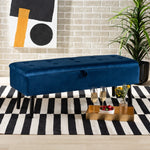 Load image into Gallery viewer, BAXTON STUDIO CAINE MODERN AND CONTEMPORARY NAVY BLUE VELVET FABRIC UPHOLSTERED AND DARK BROWN FINISHED WOOD STORAGE BENCH
