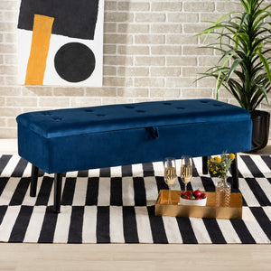 BAXTON STUDIO CAINE MODERN AND CONTEMPORARY NAVY BLUE VELVET FABRIC UPHOLSTERED AND DARK BROWN FINISHED WOOD STORAGE BENCH