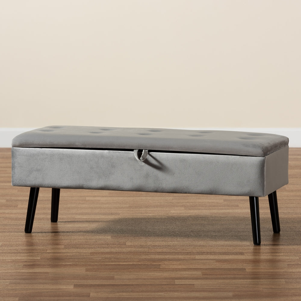 Baxton Studio Caine Modern And Contemporary Grey Velvet Fabric Upholstered And Dark Brown Finished Wood Storage Bench