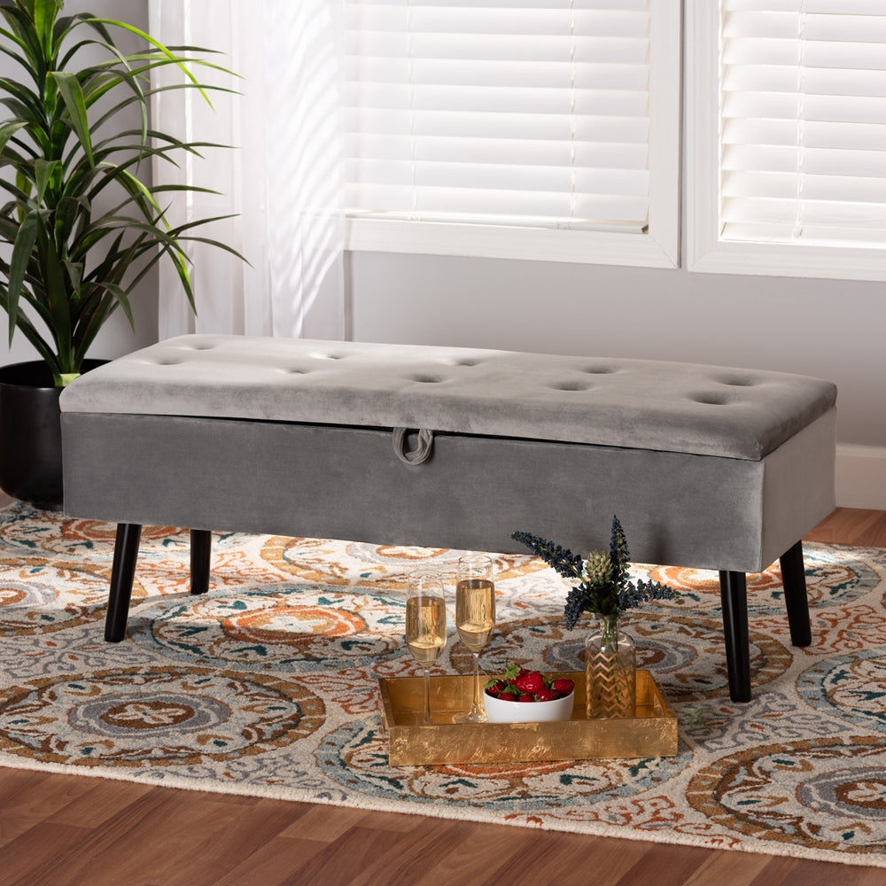 BAXTON STUDIO CAINE MODERN AND CONTEMPORARY GREY VELVET FABRIC UPHOLSTERED AND DARK BROWN FINISHED WOOD STORAGE BENCH