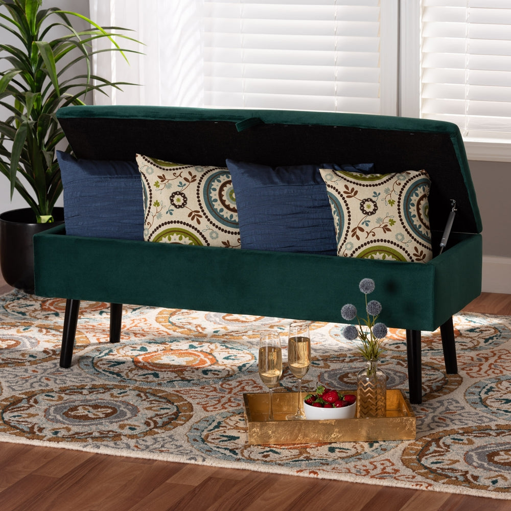 Baxton Studio Caine Modern And Contemporary Green Velvet Fabric Upholstered And Dark Brown Finished Wood Storage Bench