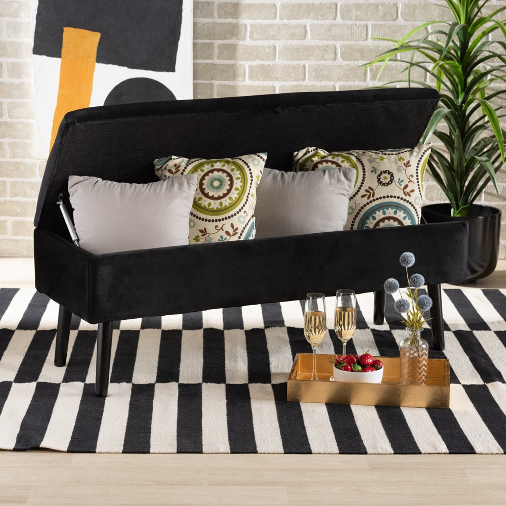 Baxton Studio Caine Modern And Contemporary Black Velvet Fabric Upholstered And Dark Brown Finished Wood Storage Bench