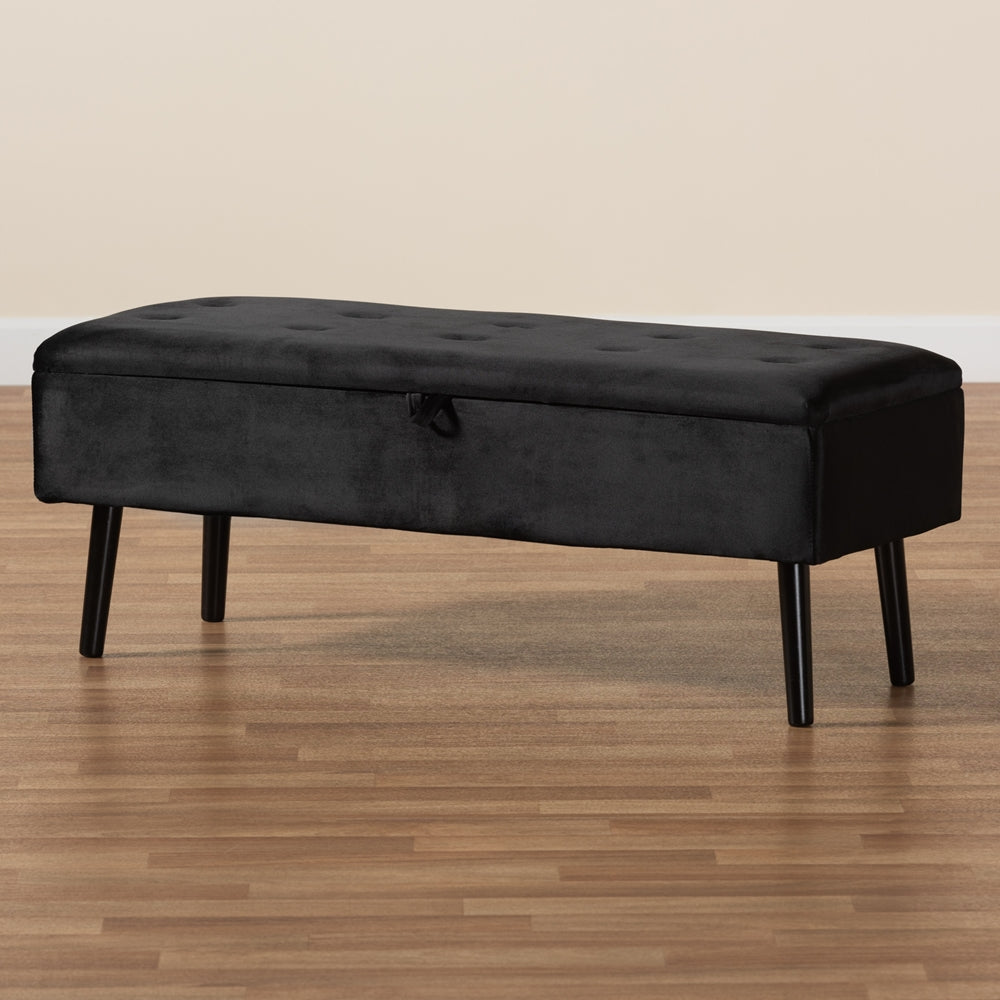 Baxton Studio Caine Modern And Contemporary Black Velvet Fabric Upholstered And Dark Brown Finished Wood Storage Bench