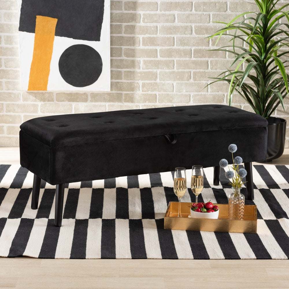 BAXTON STUDIO CAINE MODERN AND CONTEMPORARY BLACK VELVET FABRIC UPHOLSTERED AND DARK BROWN FINISHED WOOD STORAGE BENCH