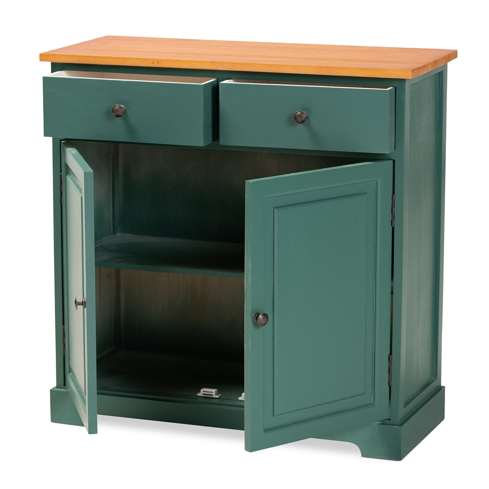 Baxton Studio Garner Modern And Contemporary Two-Tone Turquoise And Oak Brown Finished Wood 2-Drawer Kitchen Cabinet