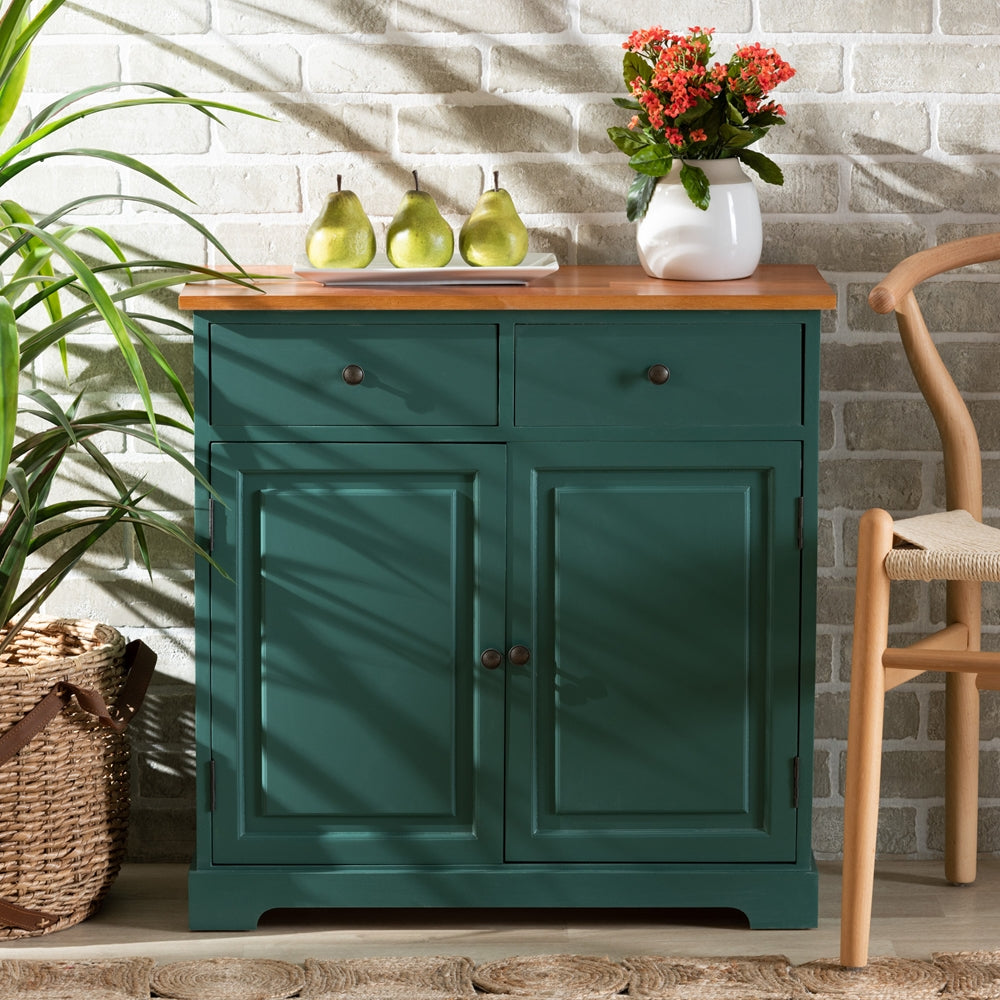 Baxton Studio Garner Modern And Contemporary Two-Tone Turquoise And Oak Brown Finished Wood 2-Drawer Kitchen Cabinet