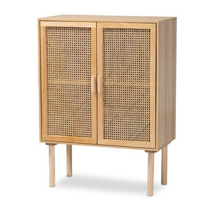 Baxton Studio Maclean Mid-Century Modern Rattan And Natural Brown Finished Wood 2-Door Storage Cabinet