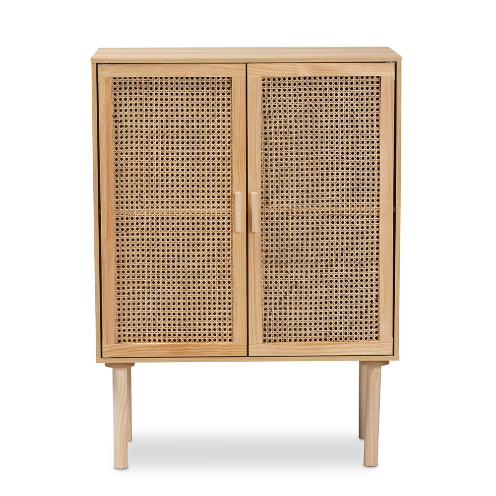 Baxton Studio Maclean Mid-Century Modern Rattan And Natural Brown Finished Wood 2-Door Storage Cabinet