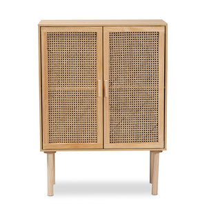 Baxton Studio Maclean Mid-Century Modern Rattan And Natural Brown Finished Wood 2-Door Storage Cabinet