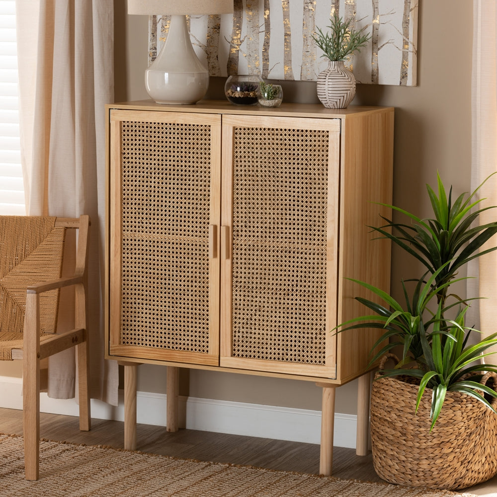 BAXTON STUDIO MACLEAN MID-CENTURY MODERN RATTAN AND NATURAL BROWN FINISHED WOOD 2-DOOR STORAGE CABINET