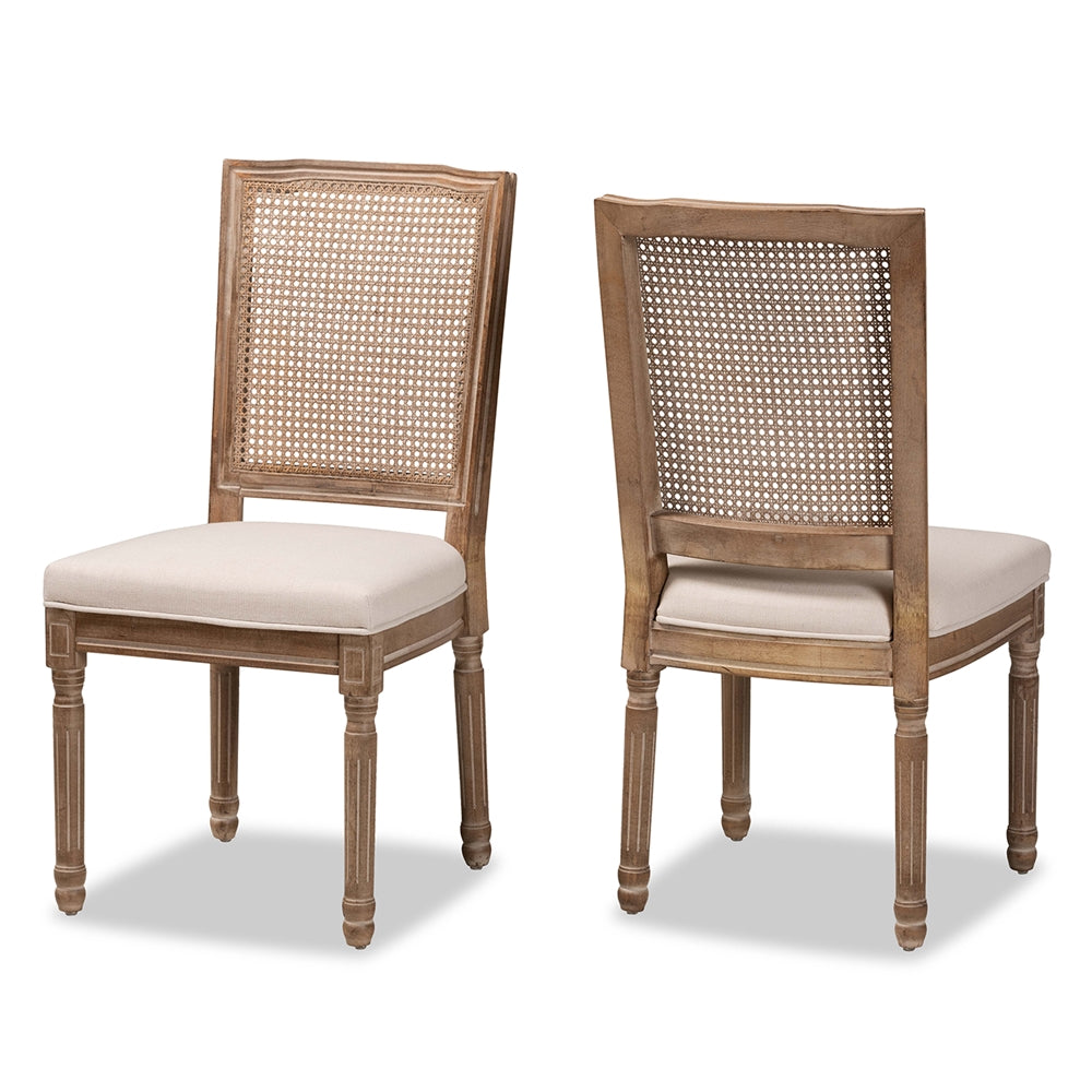 Baxton Studio Louane Traditional French Inspired Beige Fabric Upholstered And Antique Brown Finished Wood 2-Piece Dining Chair Set With Rattan