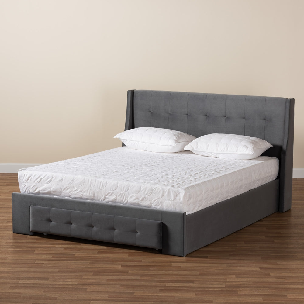 Baxton Studio Noella Modern And Contemporary Grey Velvet Fabric Upholstered Queen Size 1-Drawer Platform Storage Bed