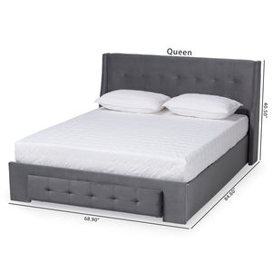 Baxton Studio Noella Modern And Contemporary Grey Velvet Fabric Upholstered Queen Size 1-Drawer Platform Storage Bed