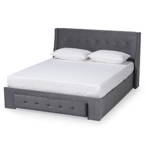 Baxton Studio Noella Modern And Contemporary Grey Velvet Fabric Upholstered Queen Size 1-Drawer Platform Storage Bed