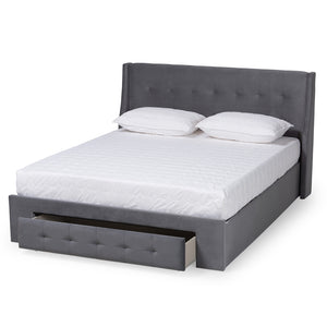 Baxton Studio Noella Modern And Contemporary Grey Velvet Fabric Upholstered Queen Size 1-Drawer Platform Storage Bed