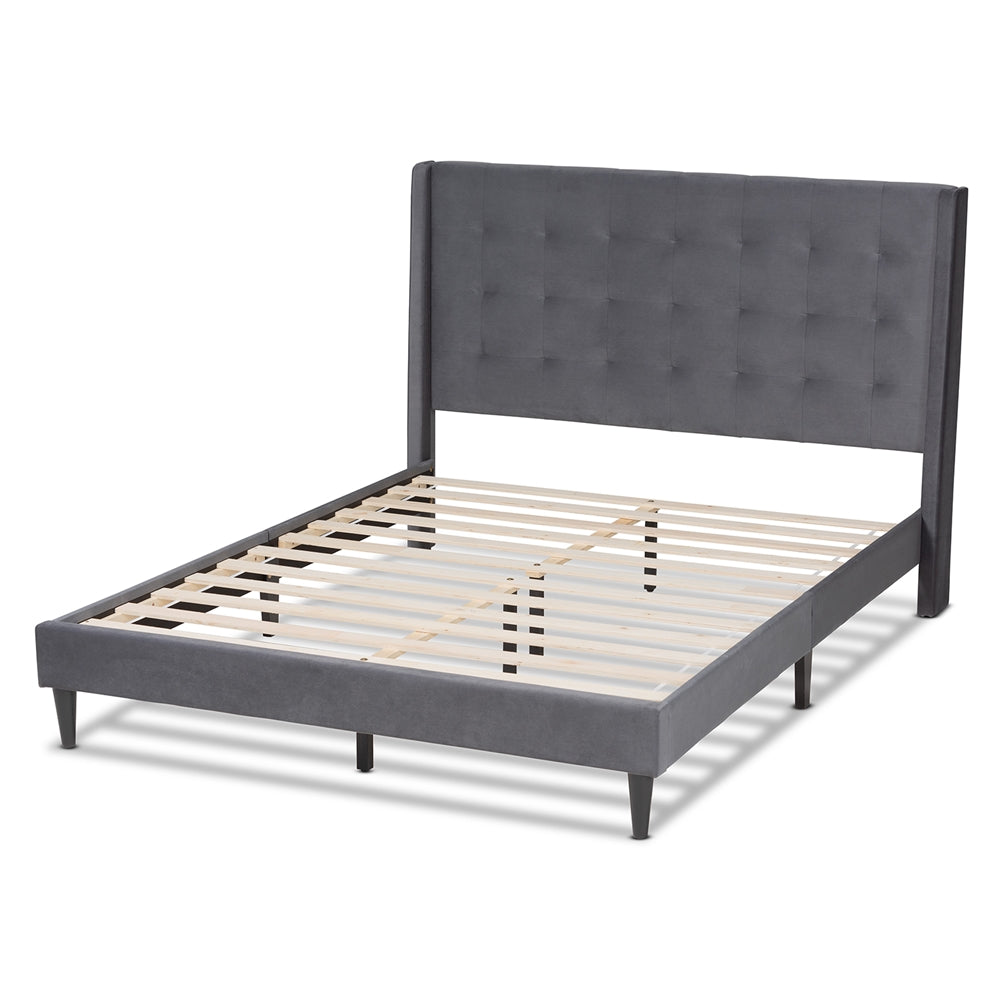 Baxton Studio Gothard Modern And Contemporary Grey Velvet Fabric Upholstered And Dark Brown Finished Wood King Size Platform Bed