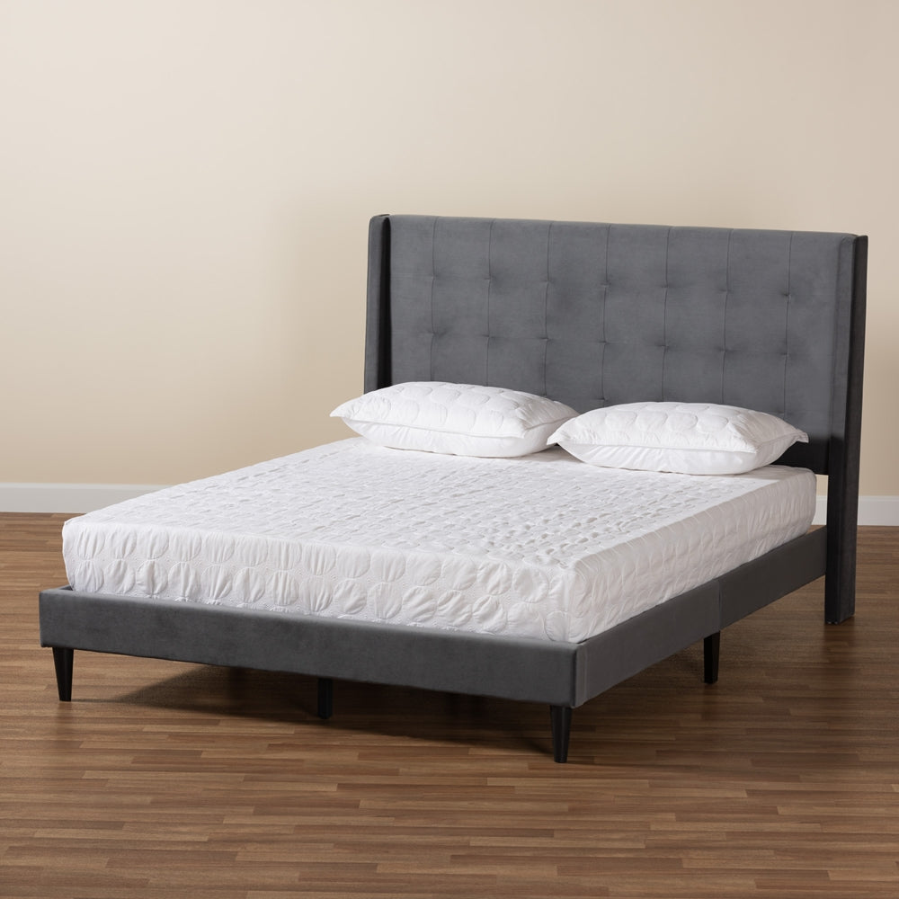 Baxton Studio Gothard Modern And Contemporary Grey Velvet Fabric Upholstered And Dark Brown Finished Wood King Size Platform Bed