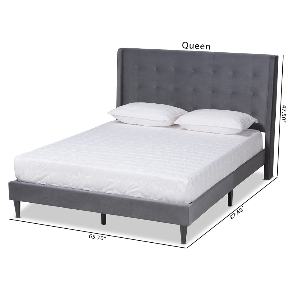 Baxton Studio Gothard Modern And Contemporary Grey Velvet Fabric Upholstered And Dark Brown Finished Wood Queen Size Platform Bed