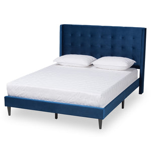 Baxton Studio Gothard Modern And Contemporary Navy Blue Velvet Fabric Upholstered And Dark Brown Finished Wood King Size Platform Bed